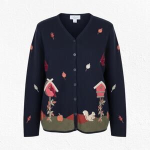 Y2K Navy Cardinal Fall Embroidered Wearable Art Knit Cardigan Sweater Size 14